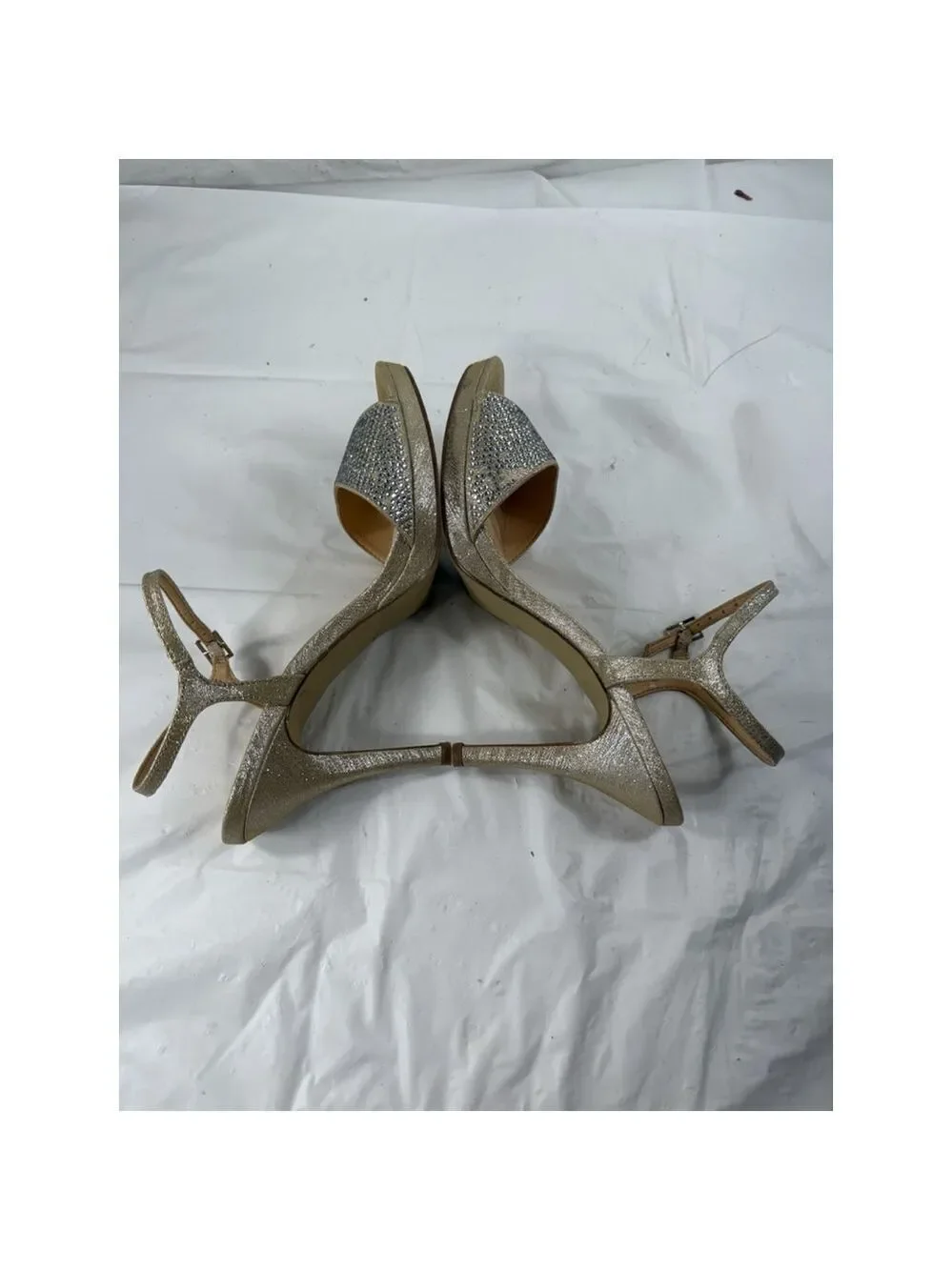 American Glamour Badgley Mischka Silver Sparkle Sandal Strappy Heels Formal 7.5